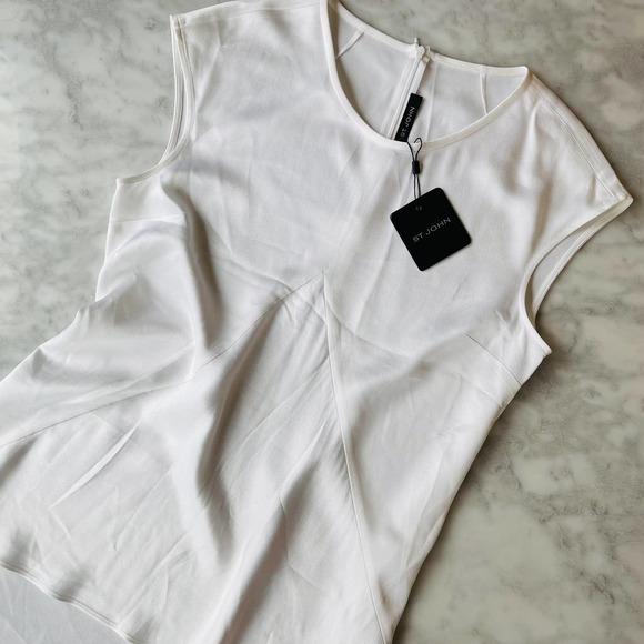 St. John White Sateen Sleeveless Tunic Blouse Swing Small NEW Acetate Viscose - Picture 1 of 6